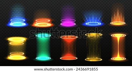 Level up effect. Realistic teleportation portal. Teleportation process game effect, futuristic lighting and bright wrap aura. Energy circles and rays on black background.