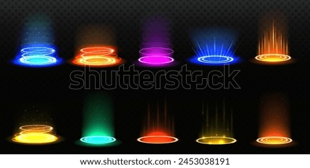 Level up effect. Realistic teleportation portal. Teleportation process game effect, futuristic lighting and bright wrap aura. Energy circles and rays on black background.