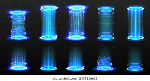 Level up effect and teleportation process game effect. Realistic teleportation portal. Realistic portal. Light aura and glowing hologram. Illuminated spotlight with falling rays