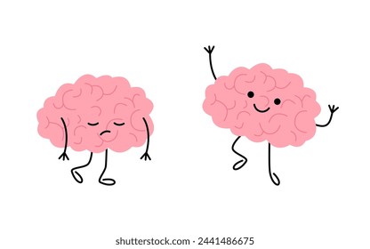 Level energy brain of person from low tired in full happy, cartoon character. Brain with low charge, lack energy and power with high energy. Strain, burnout. Vector illustration