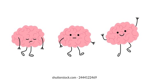 Level energy brain of person from low tired in full happy, cartoon character. Brain with low charge, lack energy and power with high energy. Strain, burnout. Vector illustration