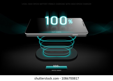 The Level Fast Charging Smartphone wireless charging design style on Black background, vector concept illustration, eps10.