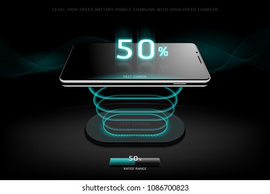 The Level Fast Charging Smartphone wireless charging design style on Black background, vector concept illustration, eps10.