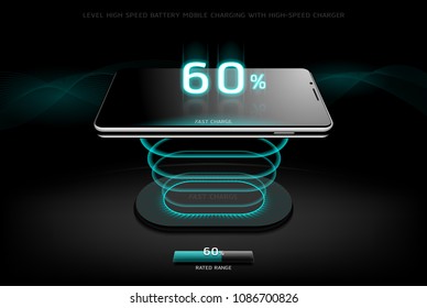 The Level Fast Charging Smartphone wireless charging design style on Black background, vector concept illustration, eps10.