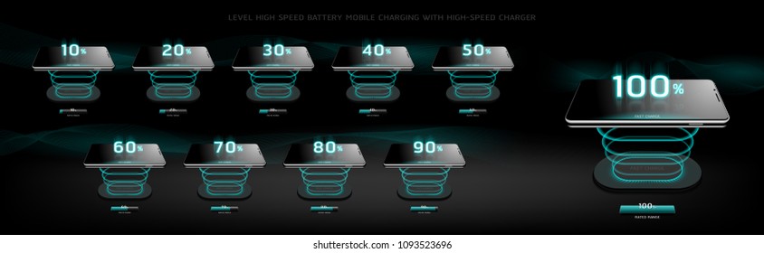 The Level Fast Charging Smartphone wireless charging design style on Black background, vector concept illustration, eps10.
