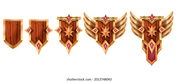 Level up game badge set, vector rank award medal achievement icon kit, UI trophy winner prize on white. Wooden shield, golden star, wing, gemstone victory champion emblem. Game badge rating royal logo