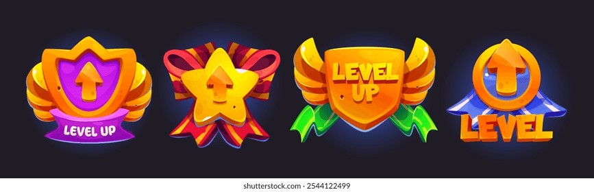 Level up game badges set isolated on black background. Vector cartoon illustration of shield, star, round golden medal shape awards decorated with color ribbons, progress button for gaming design