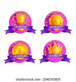 Level up game bonus badge set, vector cartoon casino reward kit, golden cup, shield, crown, purple ribbon. Mobile app achievement award, UI rating 3D winner gift. Level up game trophy sticker emblem