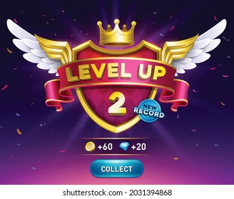 Level up game. get reward with collect coins button. Vector award shield with wing, ribbon award. Interface GUI, mobile or web game