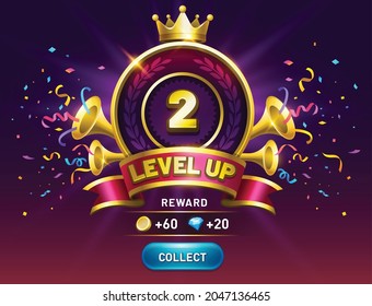 Level Up Game. Get Reward With Collect Coins Button. Vector Award Shield With Wing, Ribbon Award. Interface GUI, Mobile Or Web Game