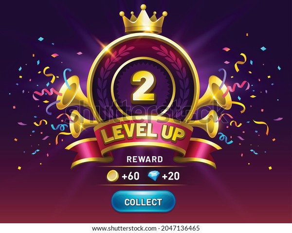 Level up game. get reward with collect coins button.\
Vector award shield with wing, ribbon award. Interface GUI, mobile\
or web game