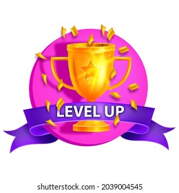 Level up game icon, vector bonus casino reward badge, achievement award sticker, golden trophy cup. Mobile app UI rating gift on white, purple ribbon, user interface point concept. Level up game logo