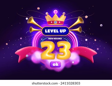 Level up game popup banner with crown, ribbons and trumpets. Reward badge, gui interface label, victory user of casino jackpot result for winner screen, vector cartoon illustration. Ui playing element