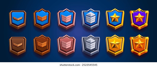 Level Spiel Rang Metallic Badges Sammlung . 3D-Stil. Gold, Silber und Bronze. Perfekt für die Spieleentwicklung. Aufeinanderprallen des Royale-Stils.