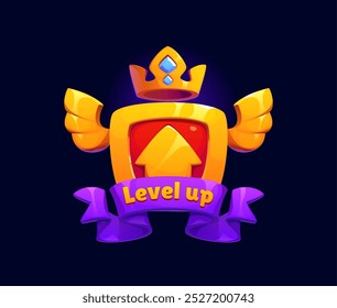 Belohnung für Level-up-Spiele, Symbol mit Krone, violettem Banner, Pfeil nach oben und geflügeltem Schild. Zeichentrickvektoremblem, das Fortschritt, feierliche Fortschritte oder Belohnung bei der Leistung von Spielen andeutet