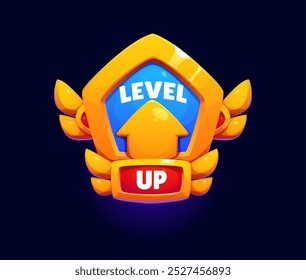 Level up game reward, rate icon with upward arrow, shield and golden wings represents success and advancement. Cartoon vector pop up emblem, achievement and progress sign for gui interfaces and apps