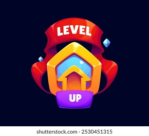 Level up game reward, rate icon for gaming interfaces and platforms. Cartoon vector pop up badge features arrow on golden shield with red ribbon, symbolizing progress, achievement player and rewards