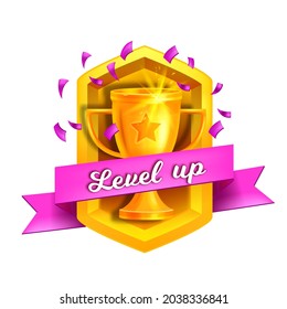 Level up game vector icon, bonus rank reward, golden cup, confetti, purple ribbon isolated on white. Mobile app UI winner badge, victory bonus gift sticker, achievement trophy. Level up game sticker