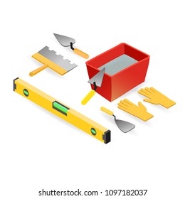 Level, gloves, spatula, mortar.  Isometric construction tools isolated on a white background. Colorful flat illustration. Vector set of hand tools for home renovation. Instruments for repair.