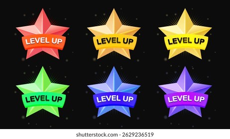 Level Up Glowing Neon Light Rank Star – Red, Orange, Yellow, Green, Blue, Purple Medal Badge with Ribbon Banner for Reward, Bonus, Victory Game, Achievement – Vector Illustration