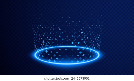 Level Up and Healing Aura Game Effect. Plus Signs Lighting and Bright VFX Aura. Glowing Neon Energy. Teleport Circle Effect. Vector Illustration. 