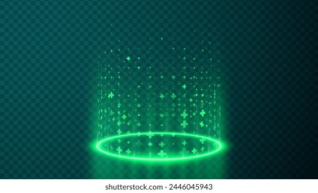 Level Up and Healing Aura Game Effect. Plus Signs Lighting and Bright VFX Aura. Glowing Neon Energy. Teleport Circle Effect. Vector Illustration. 