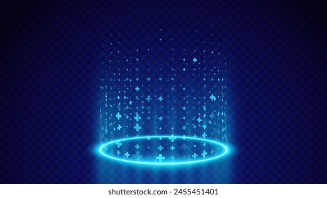 Level Up and Healing Aura Game Effect. Plus Signs Lighting and Bright VFX Aura. Glowing Neon Energy. Teleport Circle Effect. Vector Illustration.