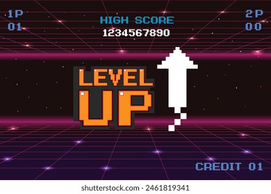 LEVEL UP icon pixel art .8 bit game. retro game. for game assets in vector illustrations. Retro Futurism Sci-Fi Background. glowing neon grid. and stars from vintage arcade computer games