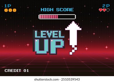 LEVEL UP icono pixel art. juego de 8 bits. juego retro. para activos de juego en Ilustraciones vectoriales. Fondo de ciencia ficción de futurismo retro. rejilla de neón brillante. y estrellas de juegos de computadora arcade vintage