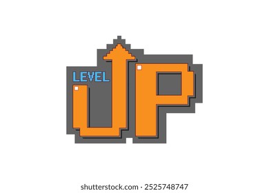 LEVEL UP icon pixel art .8 bit game. retro game with arrow. Level up 8-bit. label, badge, tag vector illustration. Gaming success or business finance growth.