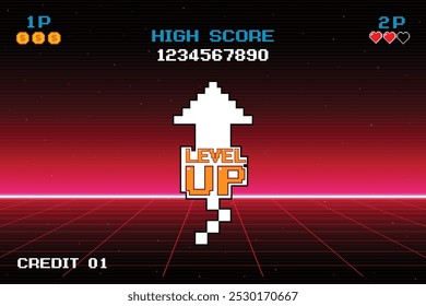 Icono de LEVEL UP. pixel art. juego de 8 bits. juego retro. para activos de juego. Fondo de ciencia ficción de futurismo retro. rejilla de neón brillante. y estrellas de juegos de computadora arcade vintage