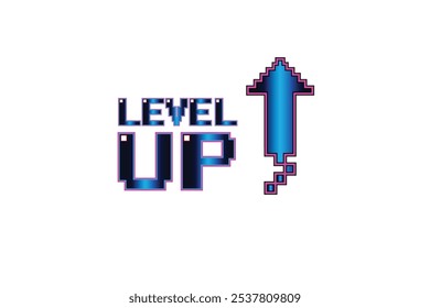 Icono de LEVEL UP. pixel art. juego de 8 bits. juego retro. para activos de juego. Fondo de ciencia ficción de futurismo retro. rejilla de neón brillante. y estrellas de juegos de computadora arcade vintage.