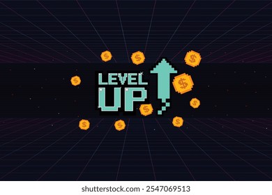 LEVEL UP icon pixel art .8 bit game. retro game. for game assets in vector illustrations. Retro Futurism Sci-Fi Background. glowing neon grid. and stars from vintage arcade computer games