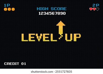 LEVEL UP icon pixel art. 8 bit game. retro game. for game assets in vector illustrations on black background.