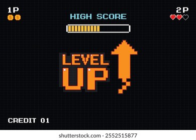 LEVEL UP icon pixel art. 8 bit game. retro game. for game assets in vector illustrations on dark background.
