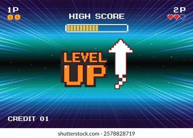LEVEL UP icon pixel art. 8 bit game. retro game. Retro Futurism Sci-Fi Background. glowing neon grid. and stars from vintage arcade computer games