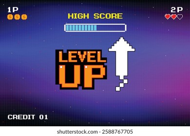 LEVEL UP icon pixel art. 8 bit game. retro game. for game assets in vector illustrations.