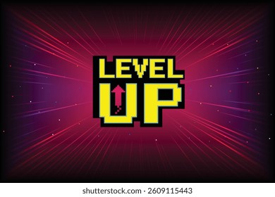 LEVEL UP icon pixel art. 8 bit game. retro game. Retro Futurism Sci-Fi Background. glowing neon grid. and stars from vintage arcade computer games