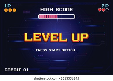 LEVEL UP icon pixel art. 8 bit game. retro game. Retro Futurism Sci-Fi Background. glowing neon grid. and stars from vintage arcade computer games