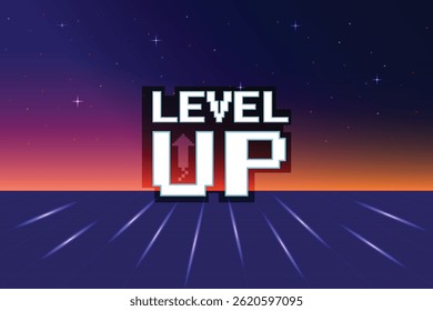 LEVEL UP icon pixel art. 8 bit game. retro game. Retro Futurism Sci-Fi Background. glowing neon grid. and stars from vintage arcade computer games