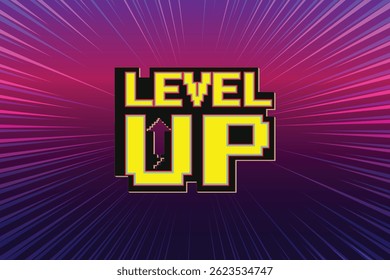 LEVEL UP icon pixel art. 8 bit game. retro game. Retro Futurism Sci-Fi Background. glowing neon grid. and stars from vintage arcade computer games