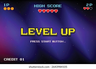 LEVEL UP icon pixel art. 8 bit game. retro game. Retro Futurism Sci-Fi Background. glowing neon grid. and stars from vintage arcade computer games