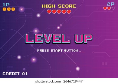 LEVEL UP icon pixel art. 8 bit game. retro game. Retro Futurism Sci-Fi Background. glowing neon grid. and stars from vintage arcade computer games