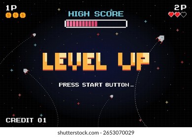 LEVEL UP ícone pixel art. jogo de 8 bits. jogo retro. Futurismo retrô Sci-Fi fundo. grade de néon brilhante. e estrelas de vintage arcade jogos de computador