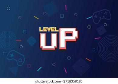 LEVEL UP icono pixel art. juego de 8 bits.  Fondo de ciencia ficción de futurismo retro. rejilla de neón brillante. y estrellas de juegos de computadora arcade vintage
