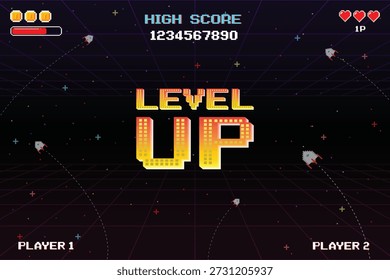 LEVEL UP ícone pixel art. jogo de 8 bits. Retro Futurismo Sci-Fi Background. grelha de néon brilhante. e estrelas de jogos de computador arcade vintage