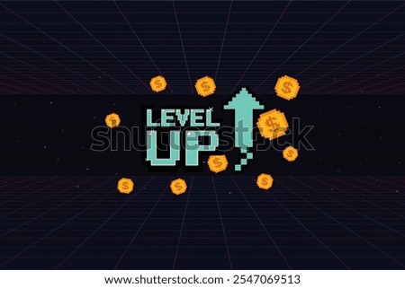 LEVEL UP icon pixel art .8 bit game. retro game. for game assets in vector illustrations. Retro Futurism Sci-Fi Background. glowing neon grid. and stars from vintage arcade computer games