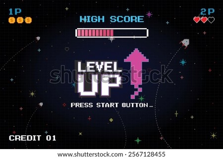LEVEL UP icon pixel art. 8 bit game. retro game. Retro Futurism Sci-Fi Background. glowing neon grid. and stars from vintage arcade computer games