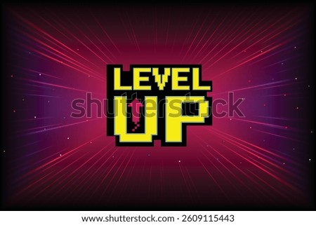LEVEL UP icon pixel art. 8 bit game. retro game. Retro Futurism Sci-Fi Background. glowing neon grid. and stars from vintage arcade computer games