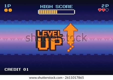 LEVEL UP icon pixel art. 8 bit game. retro game. Retro Futurism Sci-Fi Background. glowing neon grid. and stars from vintage arcade computer games